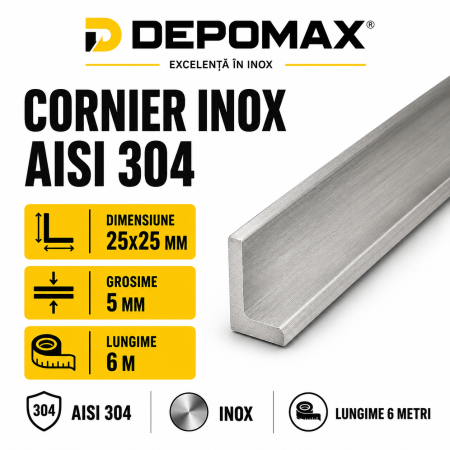 Cornier inox AISI 304, 25 x 25 x 5 mm, 6 metri